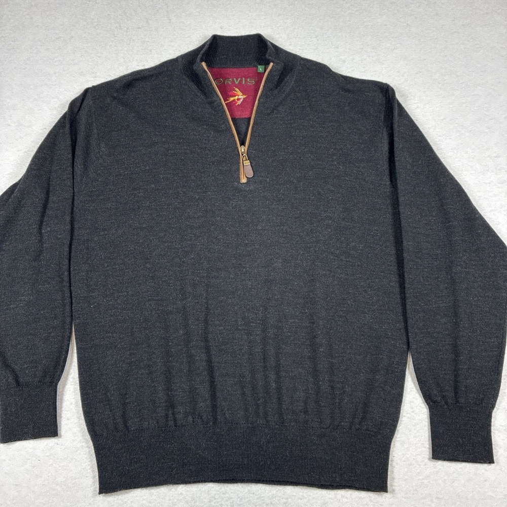 Orvis Mens Size Large Black Merino Wool 1/4 Zip Pullover Sweater Fly Fishing